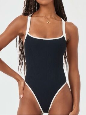l*space Black Ribbed One-Piece with White Trim Cheeky Swimsuit